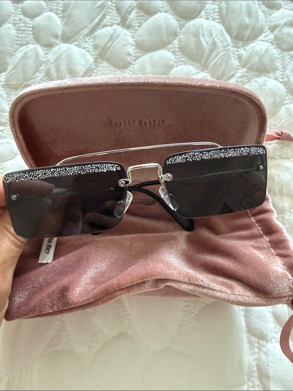 Miu Miu Black Crystal-Trim Rimless Sunglasses with Silver Bridge